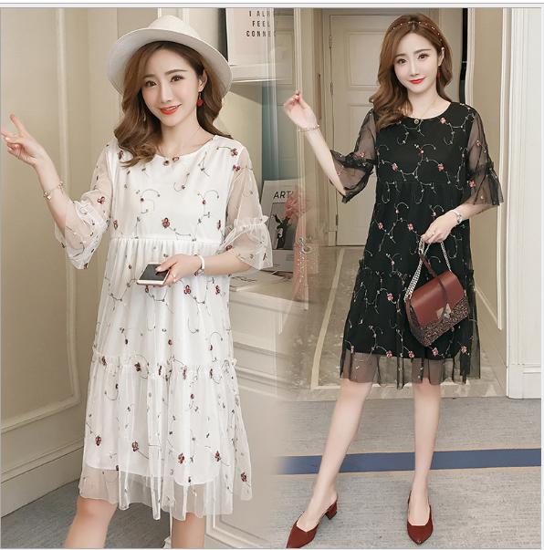 Đầm bầu váy bầu công sở ren trắng đen