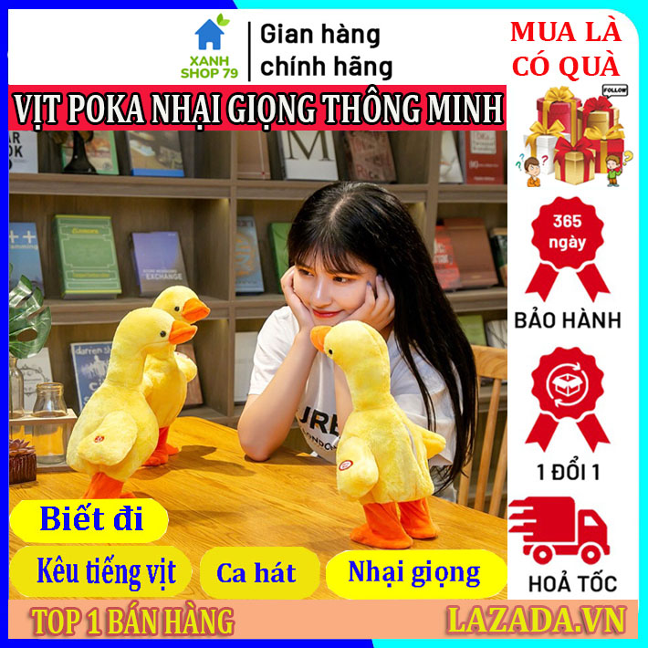 Đồ chơi nhồi bông vui nhộn biết đi, vịt POKA nhại giọng nói, phát nhạc 120 bài, sạc USB, cầm cổ kêu cạp cạp, vịt nhồi bông nhại giọng , đồ chơi nhồi bông biết đi, thú nhồi bông - Đồ chơi cho trẻ thông minh