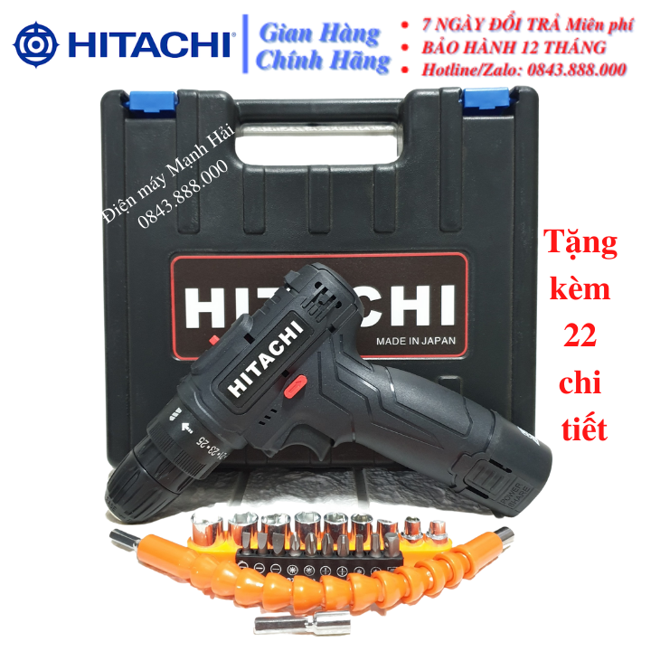 Máy khoan pin hitachi 12v, bắn vít, vặn vít - khoan cầm tay 2 cấp tốc độ, 100% đồng, siêu bền, có đèn