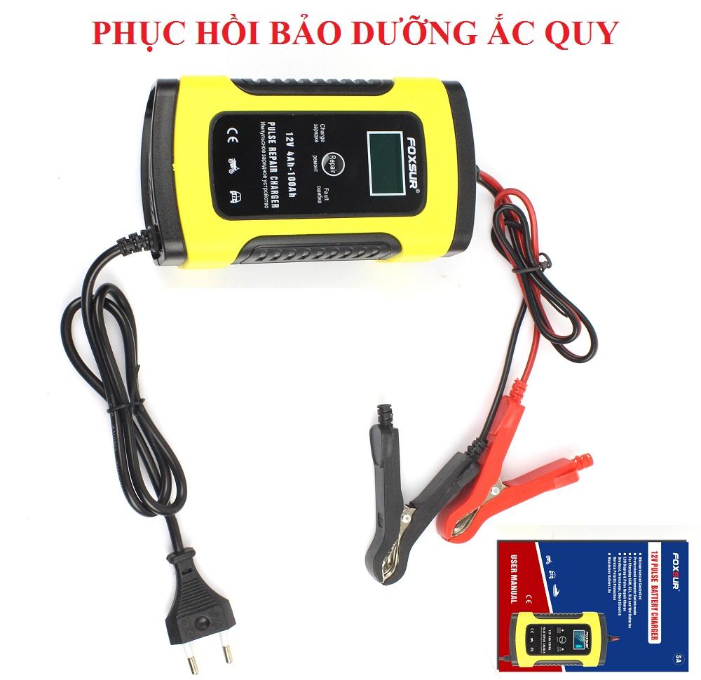 Máy sạc bình ắc quy thông minh tự ngắt 12V/5A 4ah-100ah chức năng phục hồi bảo dưỡng ắc quy FOXSUR