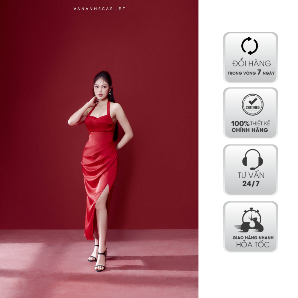 Đầm nữ dạ hội vananhscarlet xẻ tà xếp ly v005s23