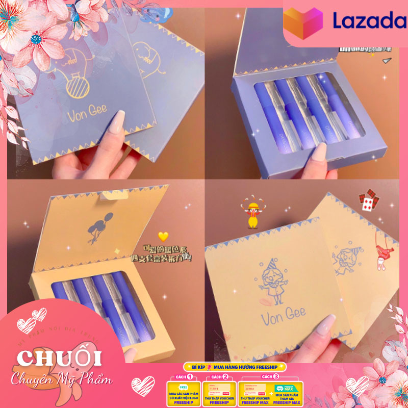 Set 4 Cây Son Vongee Chú Voi Siêu Mềm Môi, Lên Màu Chuẩn | Set Son Môi 4 cây VONGEE kết cấu mờ dưỡng ẩm mềm mại kháng nước trang điểm lâu trôi |