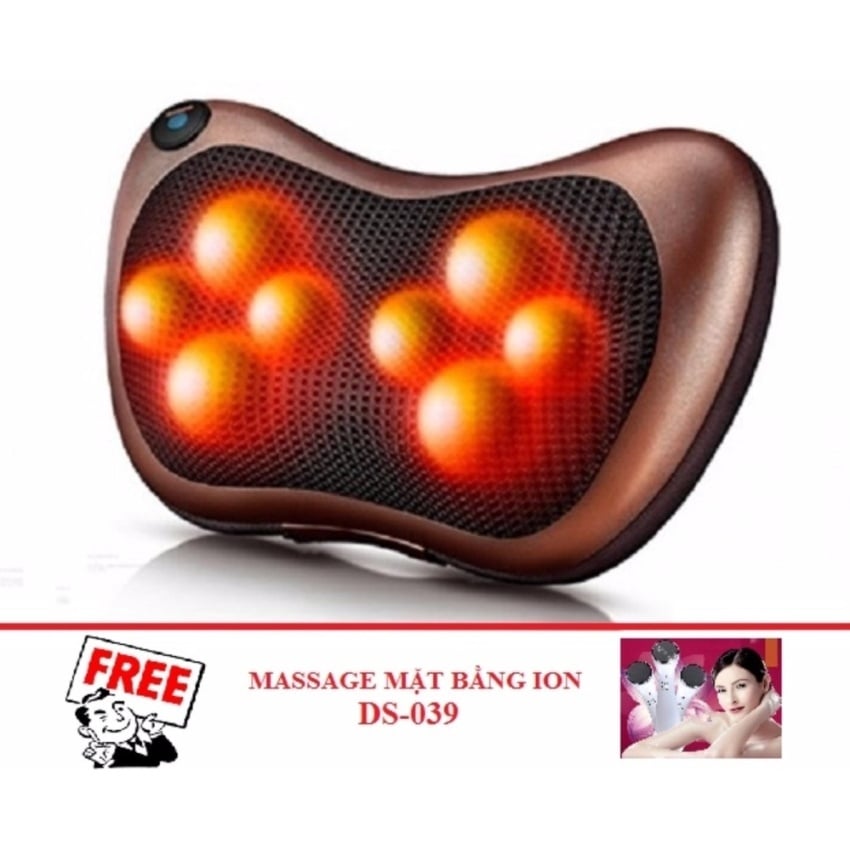 Gối mát-xa hồng ngoại Massage Pillow (Nâu +Tặng Máy mát xa mặt và mắt