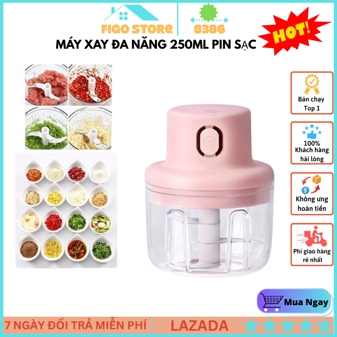 Máy xay Mini , Máy Xay Tỏi Ớt Thịt 250ml ( Hồng ) Pin Sạc USB, Máy Xay Thịt Cầm Tay Mini – Máy Xay Tỏi Ớt, Củ Quả Đa Năng