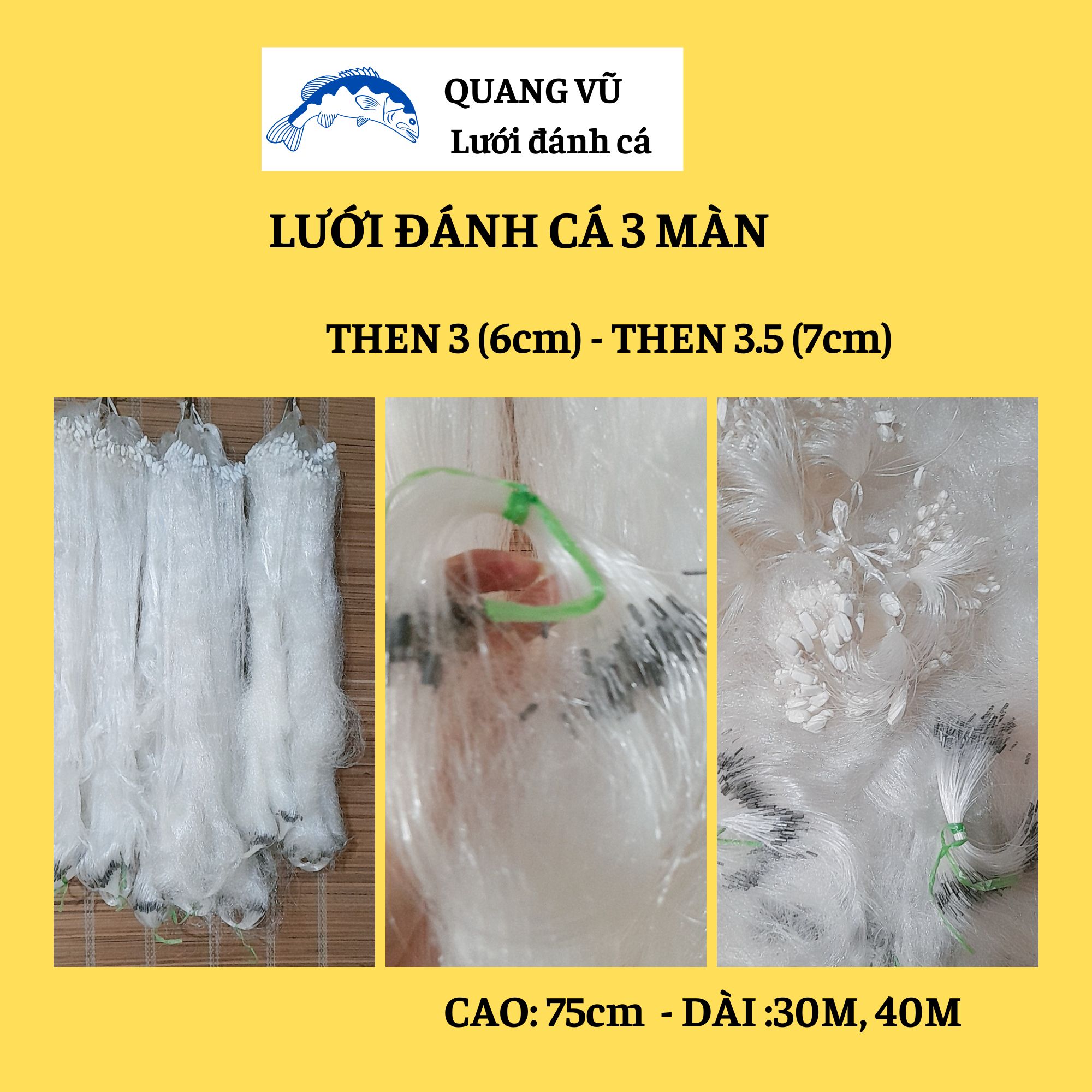 Lưới bắt cá sông 3 màn thả đánh bắt cá rô phi, diếc, trắm, chép, cao 75cm dài 30m, 40m then 3 , then 3.5 ở sông hồ ao suối
