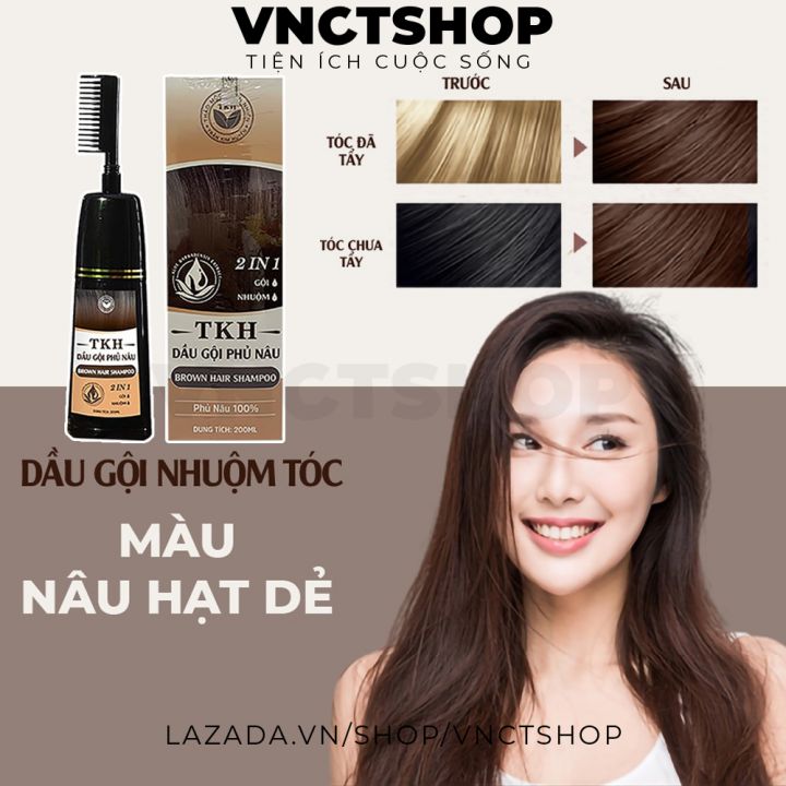 Dầu gội phủ bạc TKH, dầu gội đầu nhuộm tóc màu nâu hạt dẻ, màu đen tại nhà có lược Trần Kim Huyền