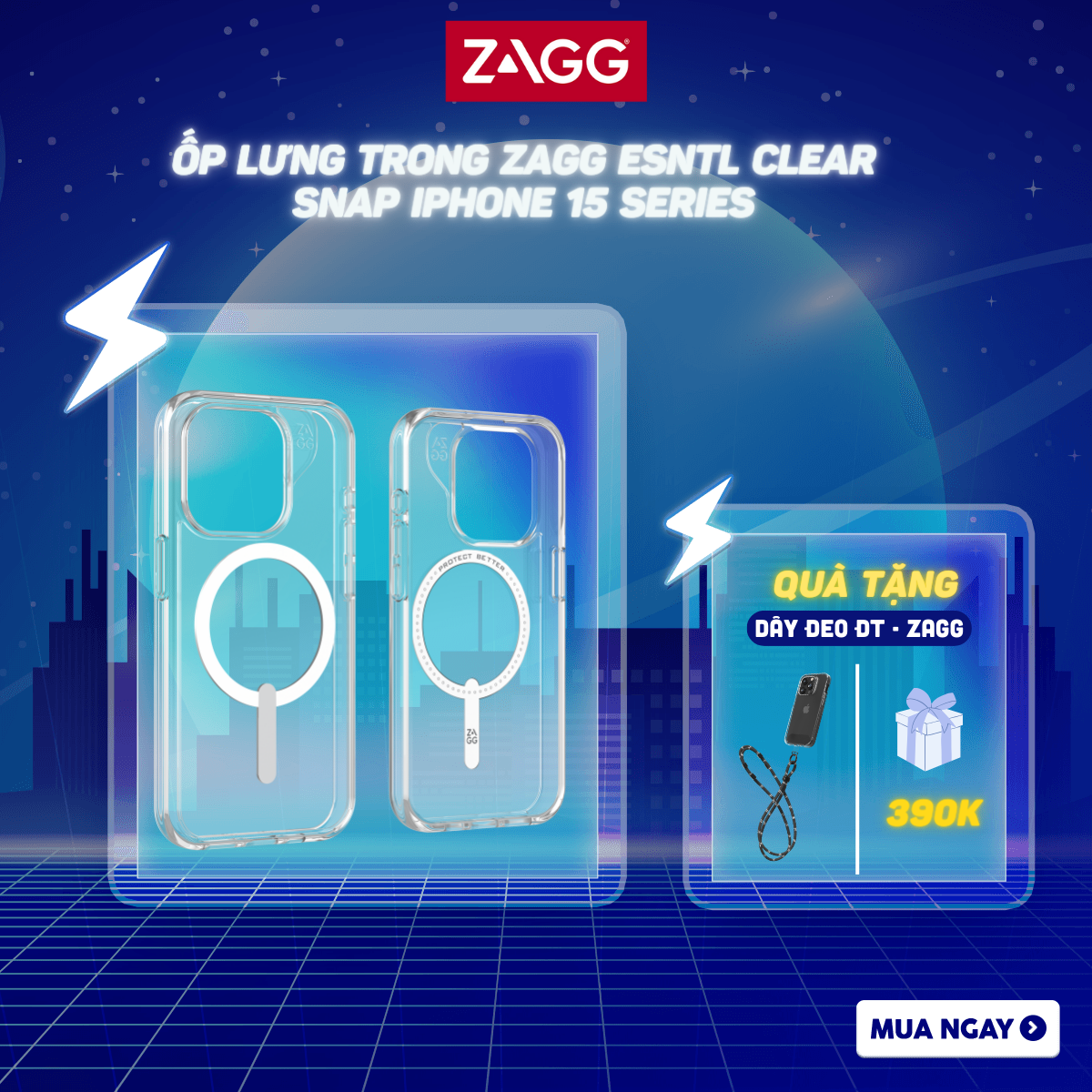 Ốp lưng trong chống sốc bảo vệ ZAGG ESNTL Clear / Clear Snap cho iPhone 15 Series chống sốc 1.5M bảo hành 1 năm