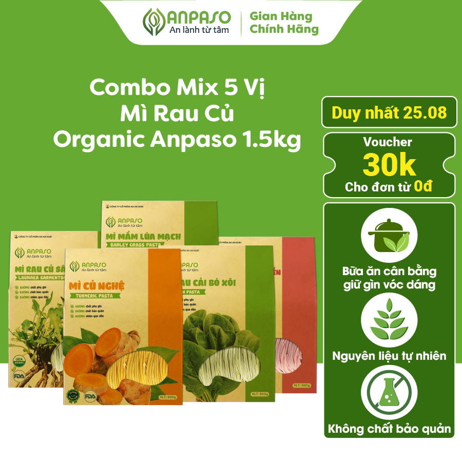 Combo ngũ vị mì rau củ anpaso hữu cơ organic mix 5 vị 1.14kg