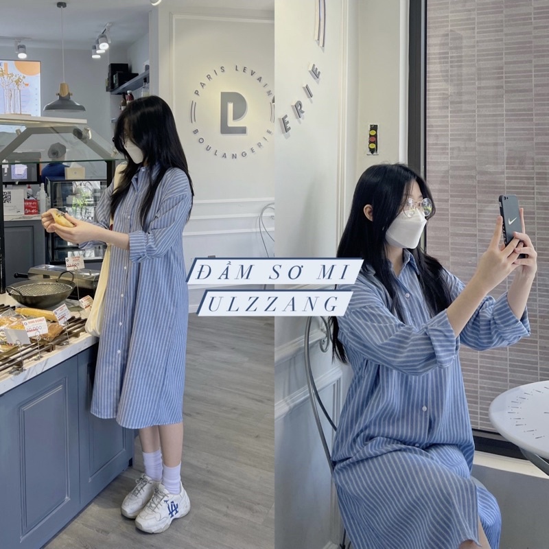 Đầm sơ mi sọc tay dài kèm đai