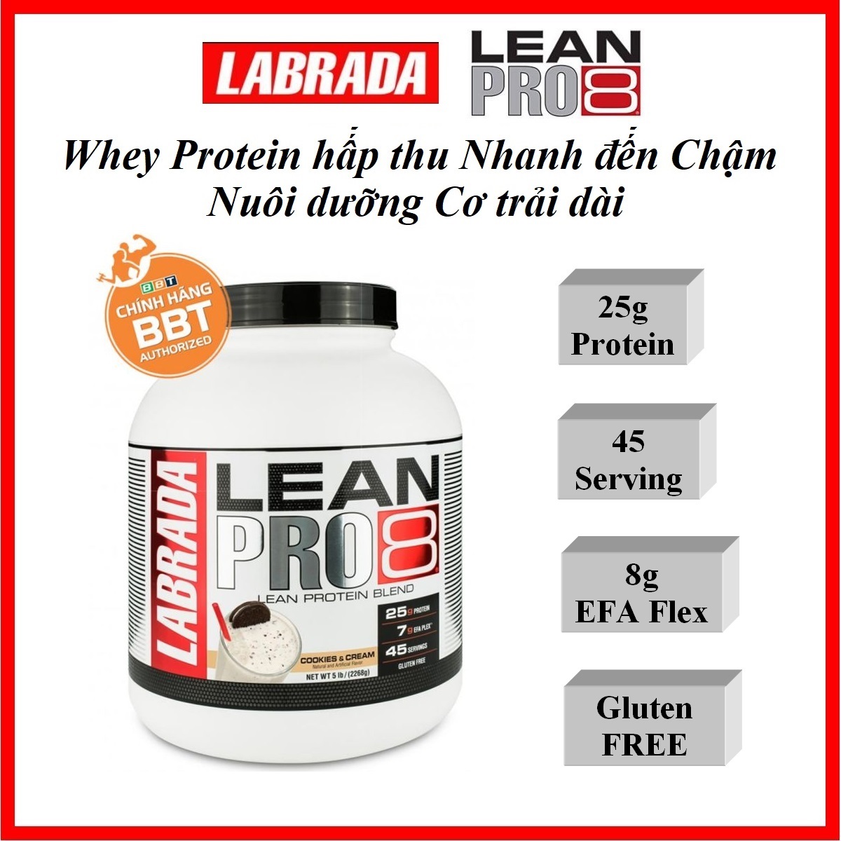 Labrada Lean Pro 8 5Lbs 2,3kg 45ser Chính hãng – Sữa bổ sung nguồn Protein cao cấp trải dài, duy trì phục hồi cơ, Tăng Cơ