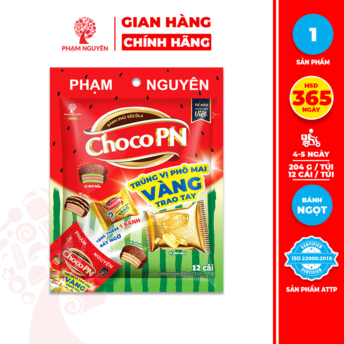 Bánh phủ socola Choco PN Dưa Hấu 204g | Bánh ăn vặt Socola | Đồ ăn vặt