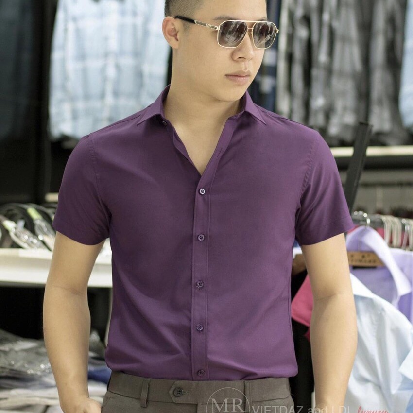 ÁO SOMI NAM MÀU TÍM TRƠN, NGẮN TAY, CHẤT KATE LỤA THỜI TRANG PHONG CÁCH THỎ TÂY SHOP94 KK01