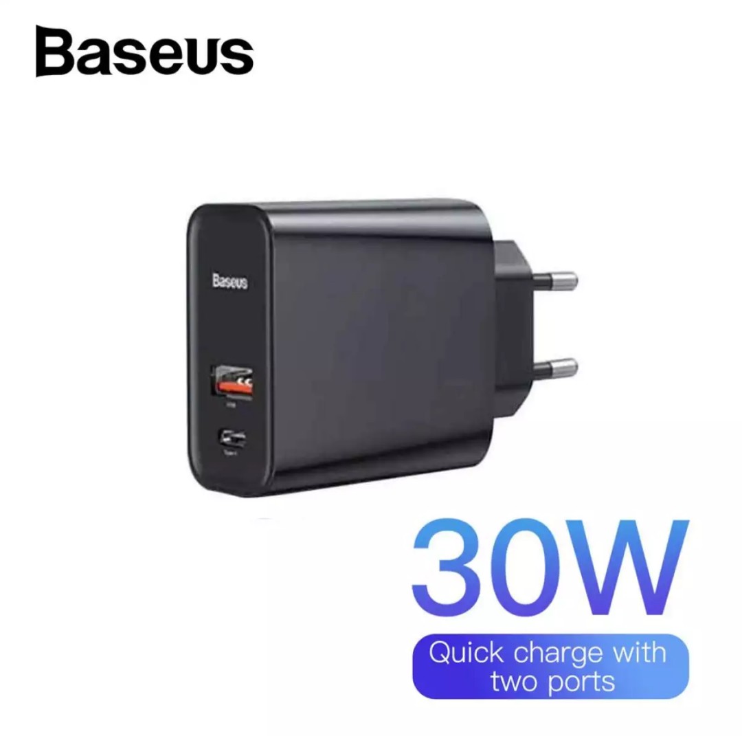 Bộ sạc baseus 30w 2 cổng usb & type c, hổ trợ sạc nhanh 2 cổng