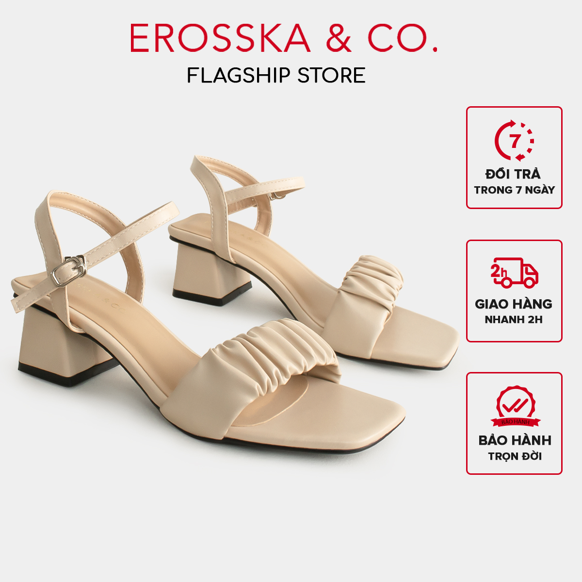 Erosska - Giày sandal cao gót nữ mũi vuông quai nhún cao 5cm màu nude - EB051
