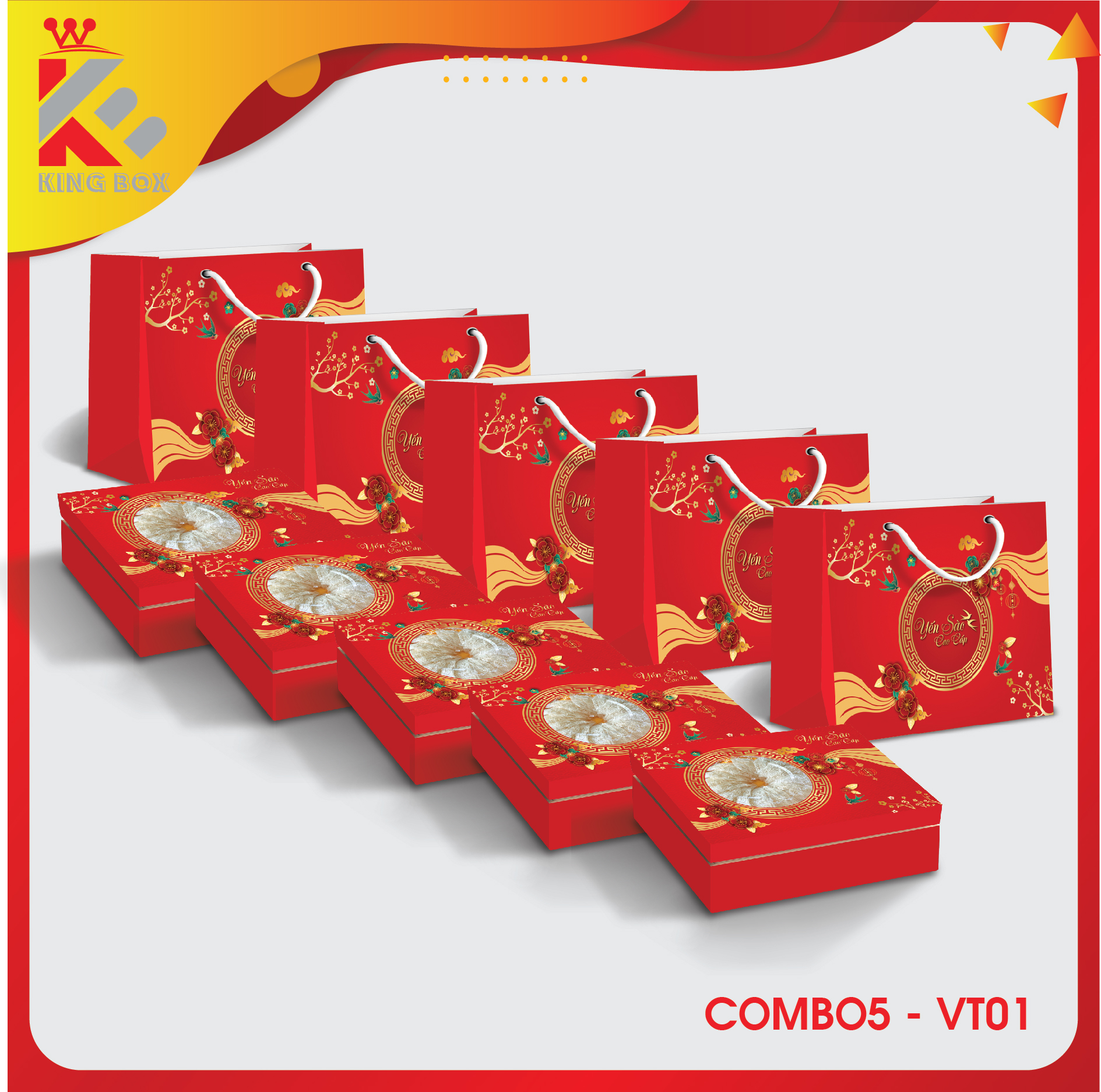 [COMBO 5] Bộ hộp đựng yến sào cao cấp 100g KINGBOX (khay 1 hộp đường)