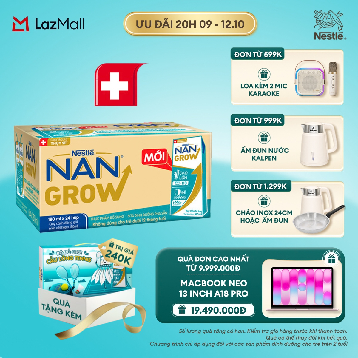 [CHỈ 20h 9-12.10 QT ĐƠN 599K/999K/1299K] [Tặng Đồ chơi cầu lông] Thùng 24 hộp Sữa bột pha sẵn Nestlé NANGROW 180ml cho bé trên 1 tuổi - Sữa nước vị nhạt thanh