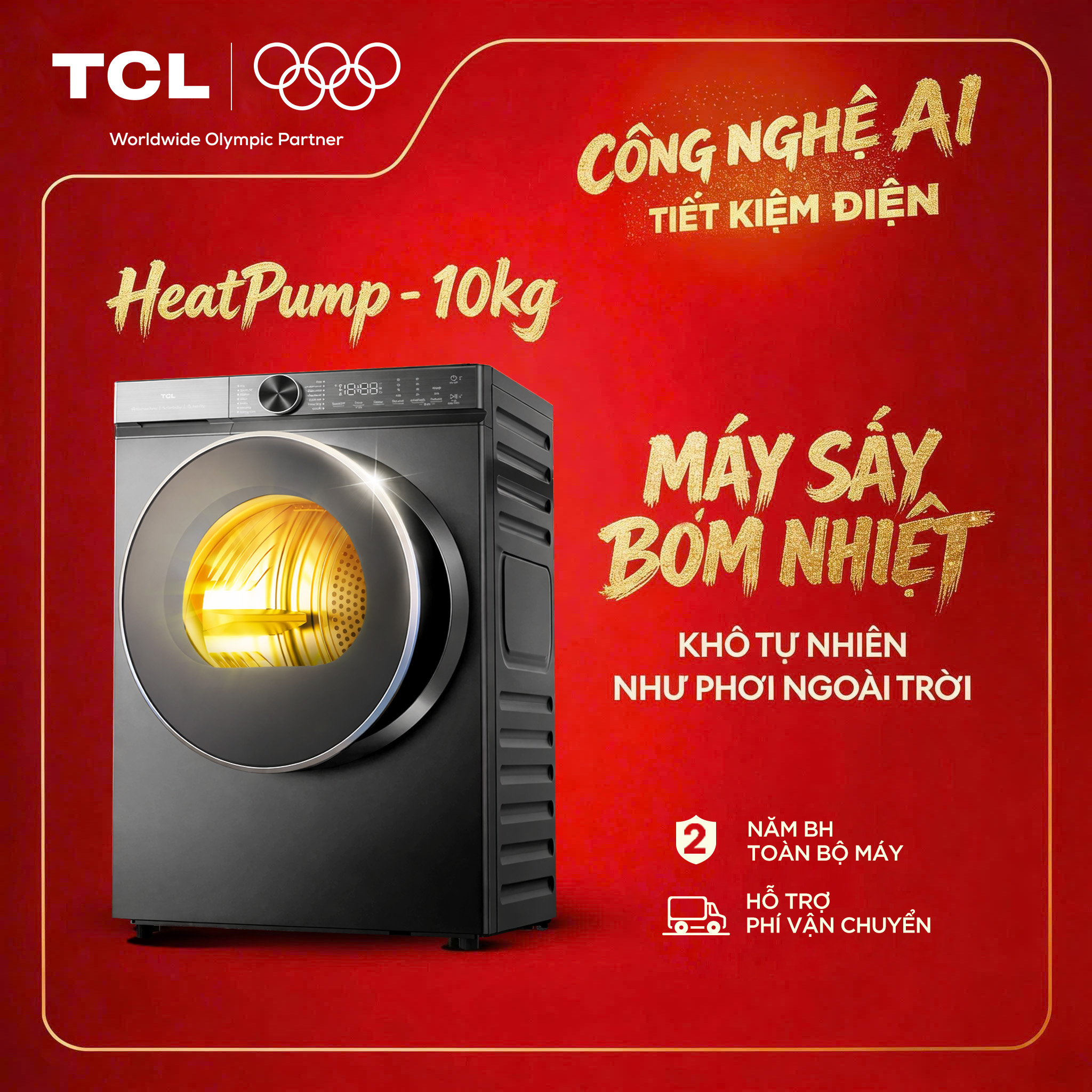 【HEAT PUMP】Máy Sấy Bơm Nhiệt TCL 10KG - Công Nghệ AI Tiết Kiệm Điện - Bảo Vệ Sợi Vải - TDH100-C682G - Bảo Hành 2 Năm