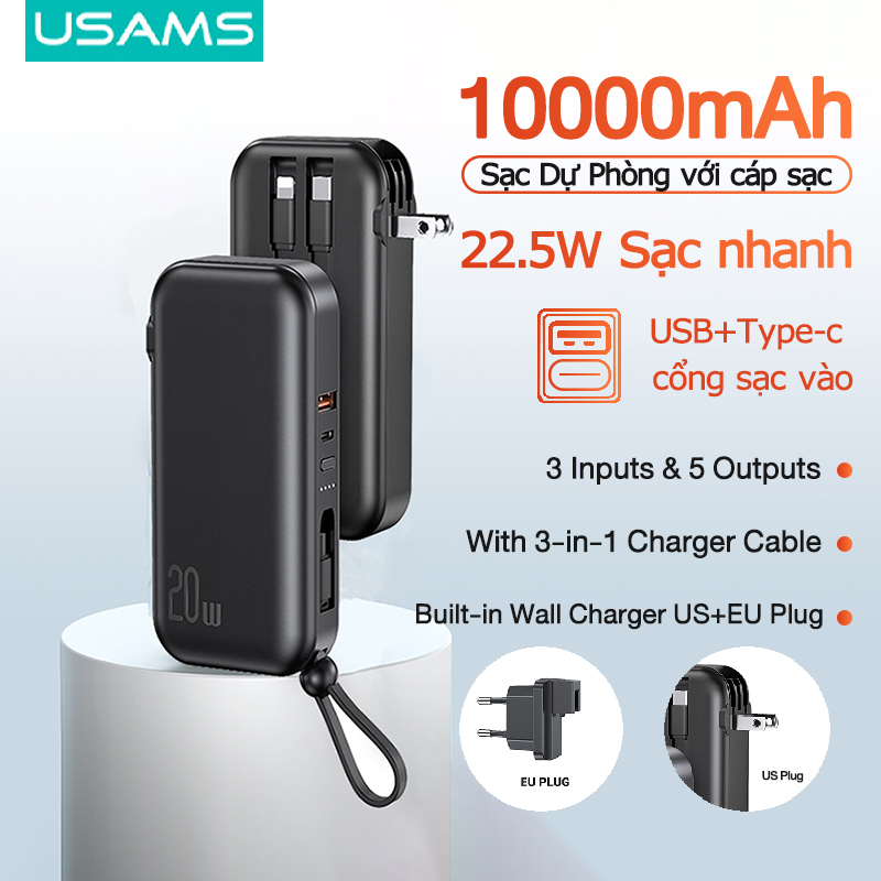 Usams 10000mah sạc dự phòng sạc nhanh pd22.5w+qc3.0 với cáp sạc type-c/mircro/lightning with usb+type c cổng+us eu plug sạc dự phòng dành cho 100% hàng chính hãng