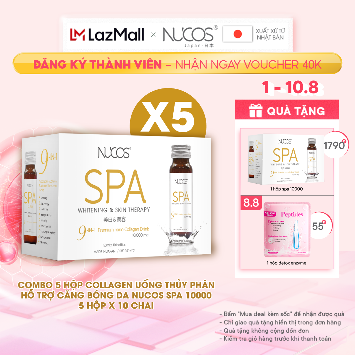 Combo 5 hộp Collagen uống thủy phân căng bóng da Nucos Spa 10000​ hộp 10 chai x 50ml