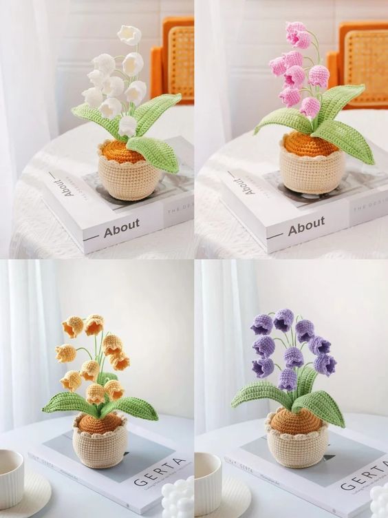 Hoa len chậu Linh Lan móc tay thủ công hoàn toàn dùng làm quà tặng vô cùng ý nghĩa