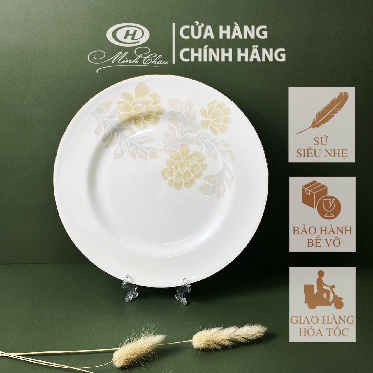 Sứ Xương Cao Cấp - Đĩa Cạn Hoa Viền Vàng 12K - Sứ Minh Châu