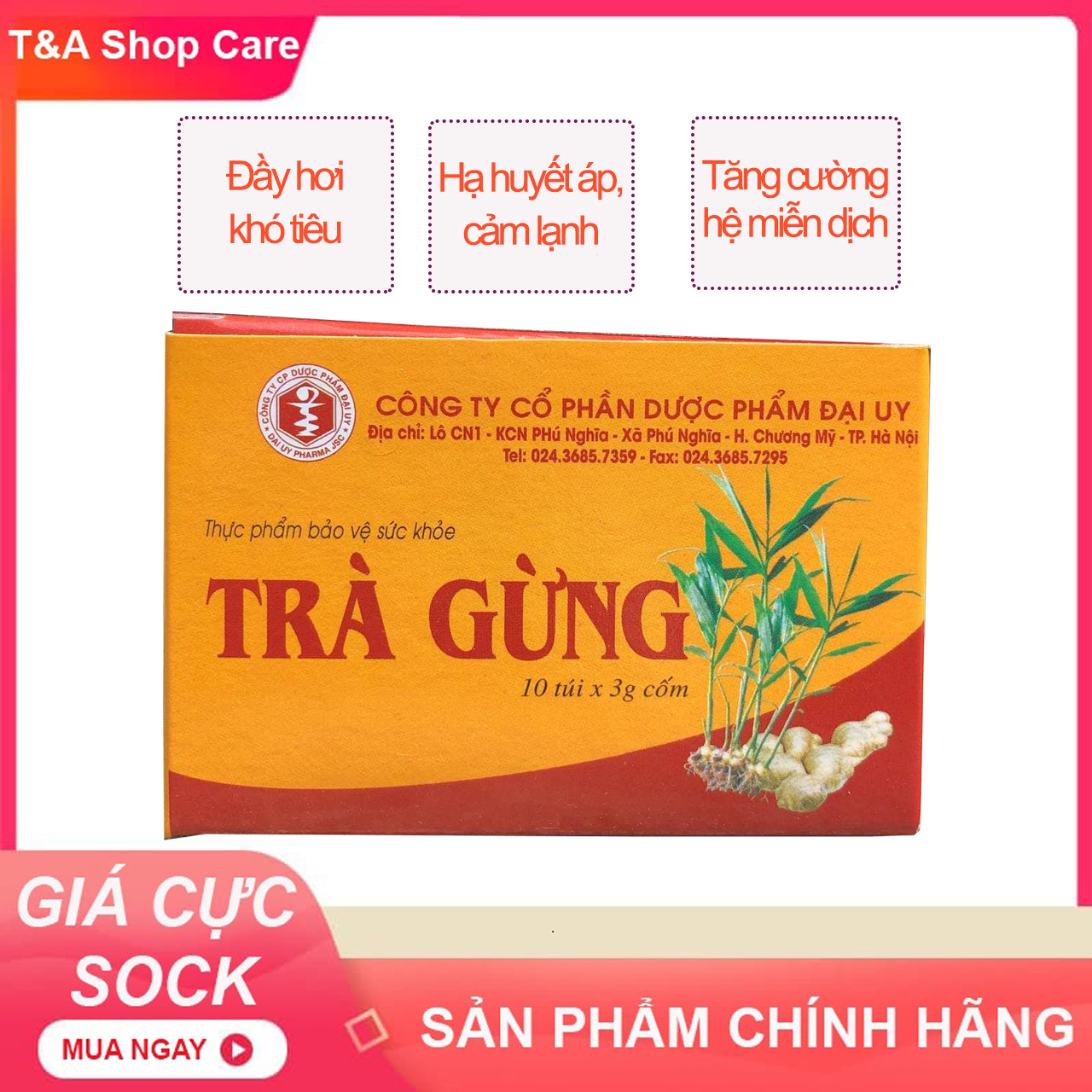 Trà gừng Đại Uy hỗ trợ làm ấm bụng, giảm đầy hơi, khó tiêu, buồn nôn, hỗ trợ cải thiện tình trạng hạ huyết áp hộp 10 túi 3g
