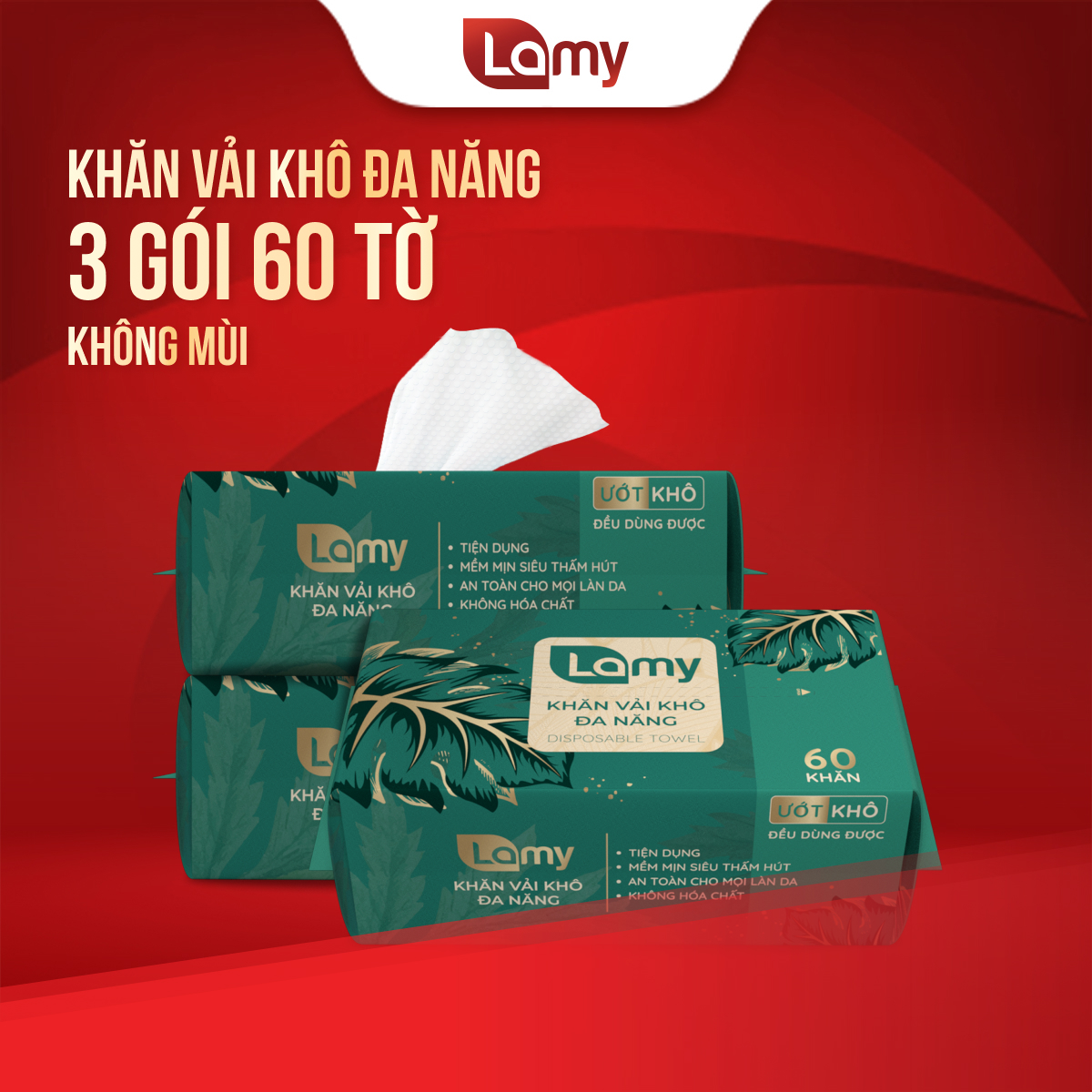 [LAMY OFFICIAL]_Combo 3 túi khăn mặt khô đa năng Lamy 60 tờ dạng gói rút không mùi dùng lau mặt tẩy trang khăn lau cho bé