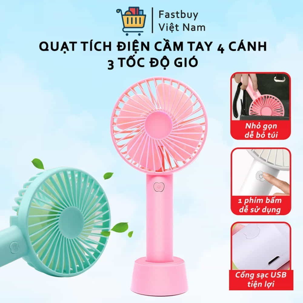 Quạt mini sạc pin cầm tay, quạt mini 4 cánh có đế để bàn với công nghệ 4 cánh quạt mới, mỗi cánh có góc 30 độ, giúp cho tốc độ gió nhanh và mạnh hơn