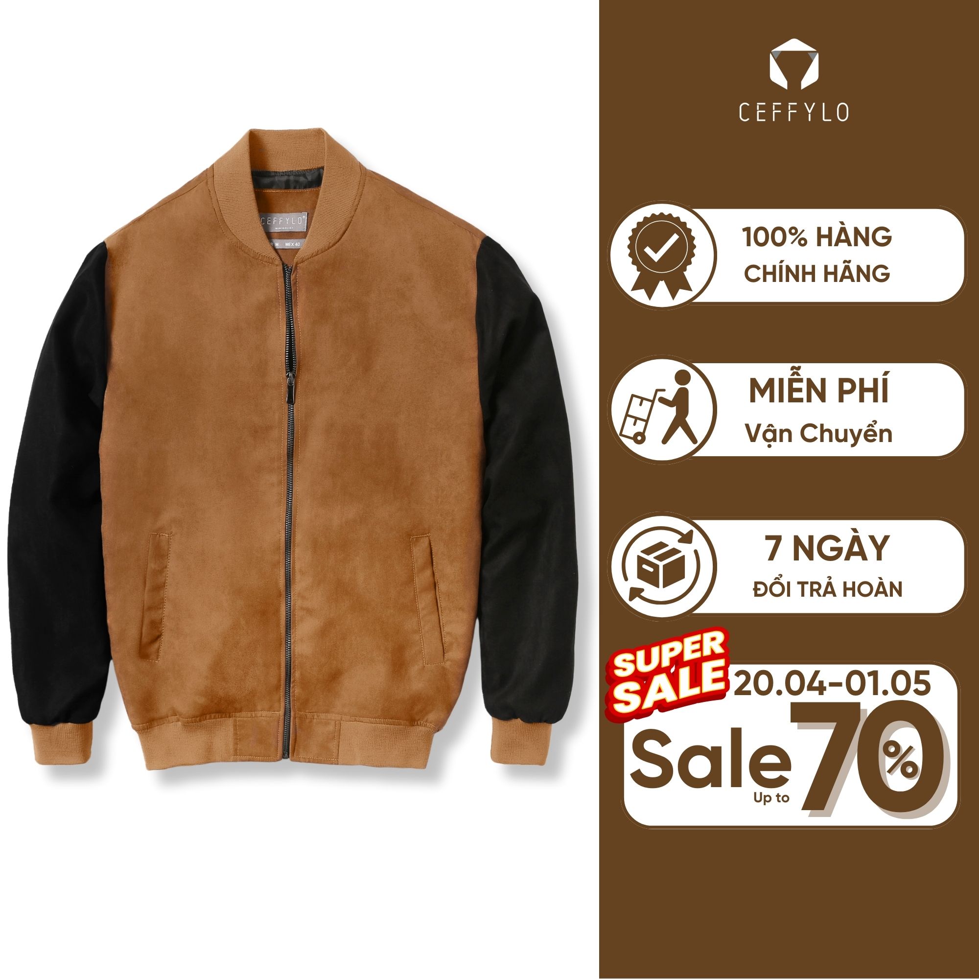 Áo khoác nam bomber da lộn phối màu nâu đen ceffylo phong cách trẻ trung, phóng khoáng, mạnh mẽ