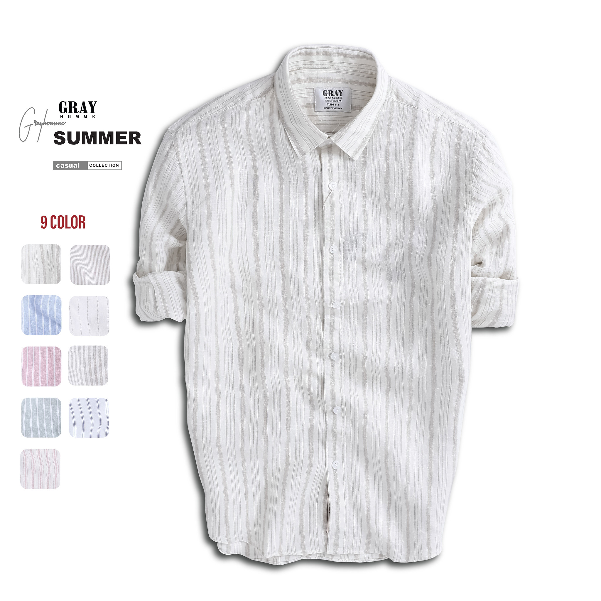 Áo Sơ Mi Nam Đũi Dài Tay GRAYHOMME Linen Kẻ Sọc Cá Tính Chất Vải Thoáng Mát