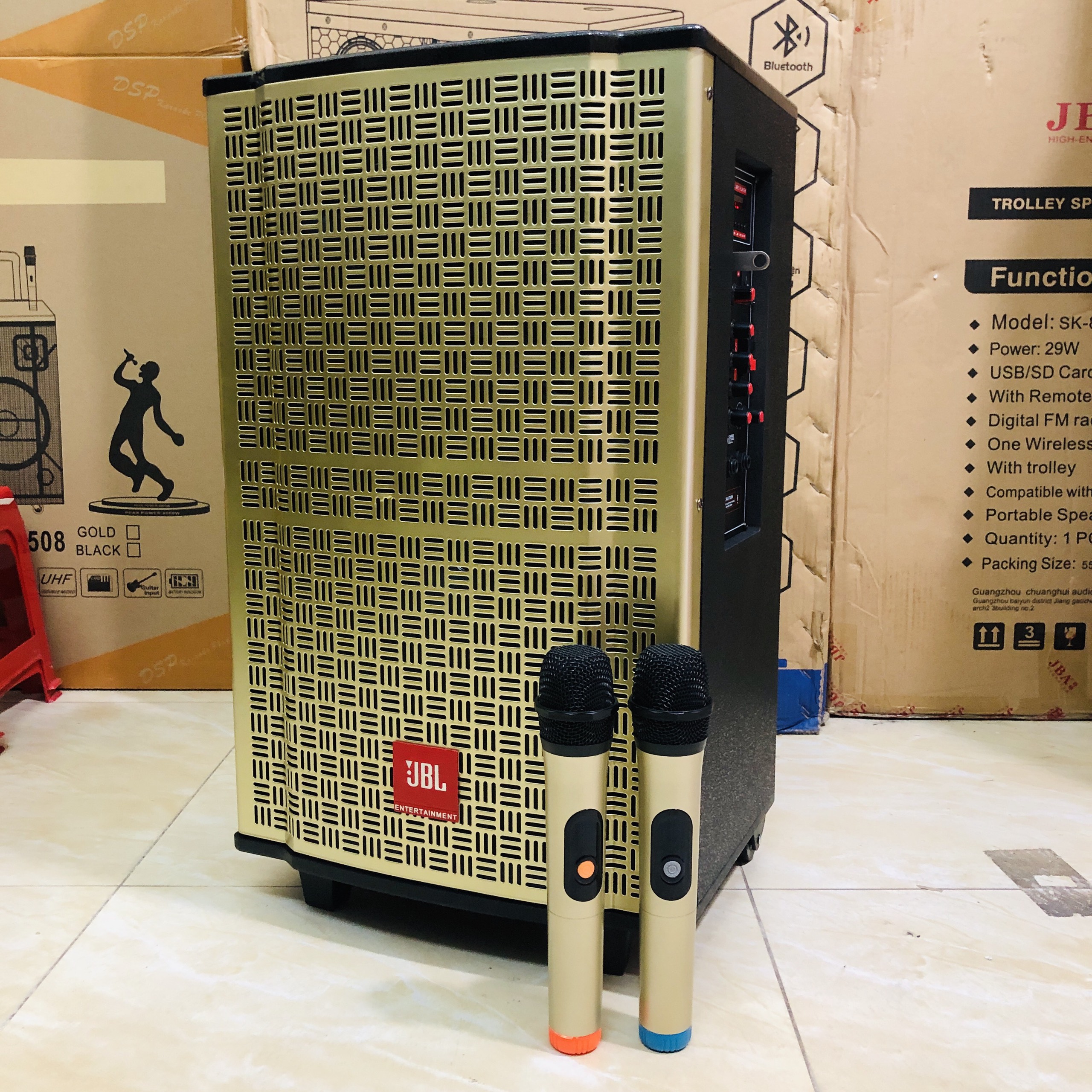 Loa kéo JBL 1208 Bass 30 Vàng Gold Công Suất Khủng, Loa di động cao cấp giá rẻ, Tặng 2 micro không dây