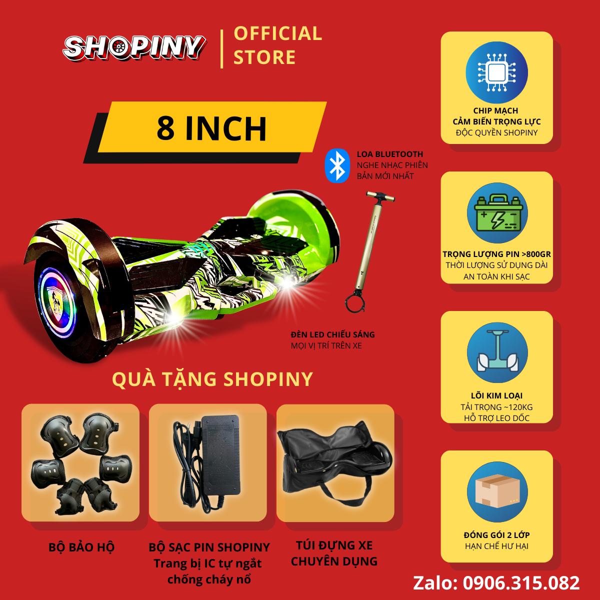 Xe điện cân bằng 8 inch- hai bánh lớn- đồ chơi trẻ em- phát nhạc bluetooth- có đèn led