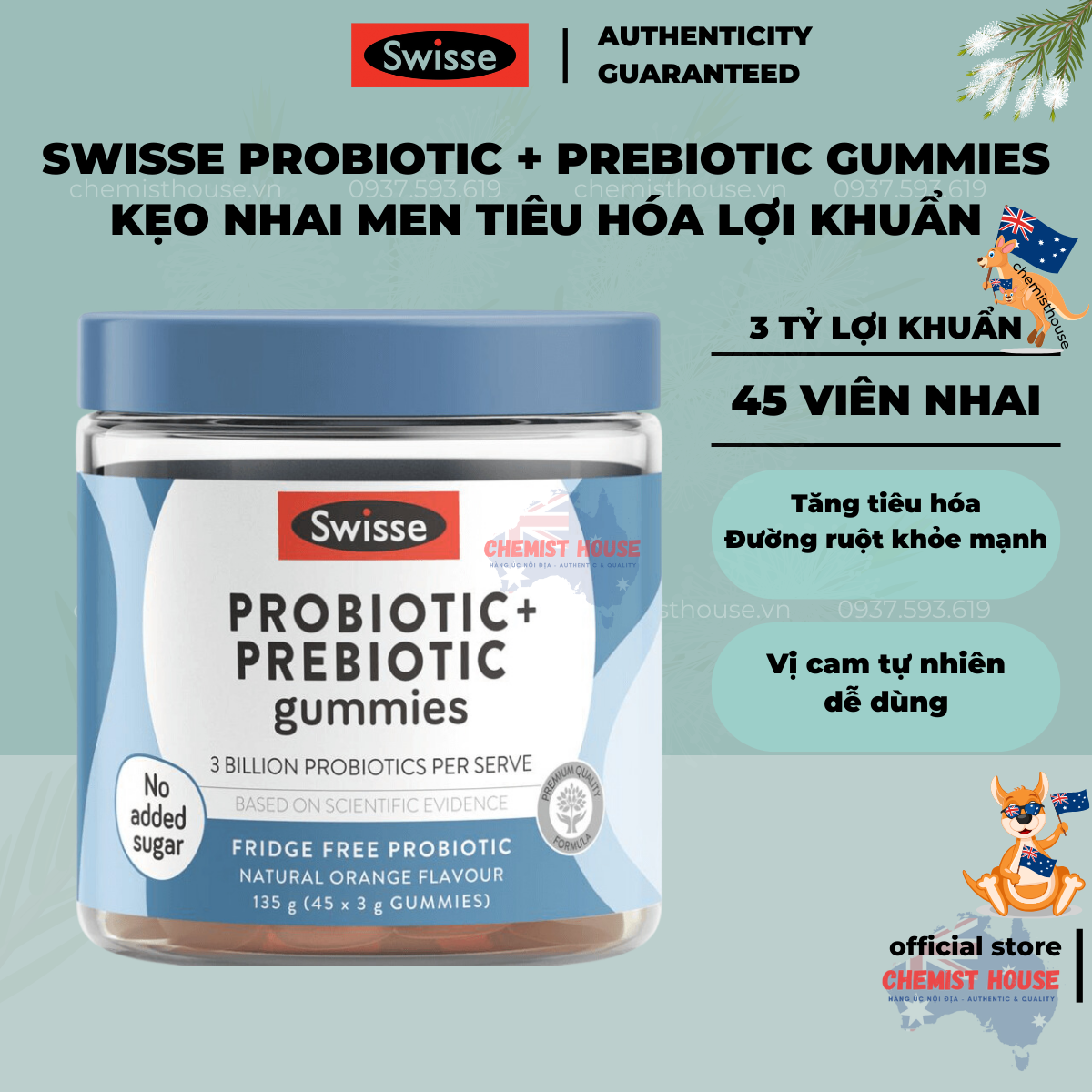 Kẹo Nhai Men Tiêu Hóa Lợi Khuẩn Úc - Swisse Adults Probiotic & Prebiotic Gummies - Trên 18T, Bầu Bú Dùng Được