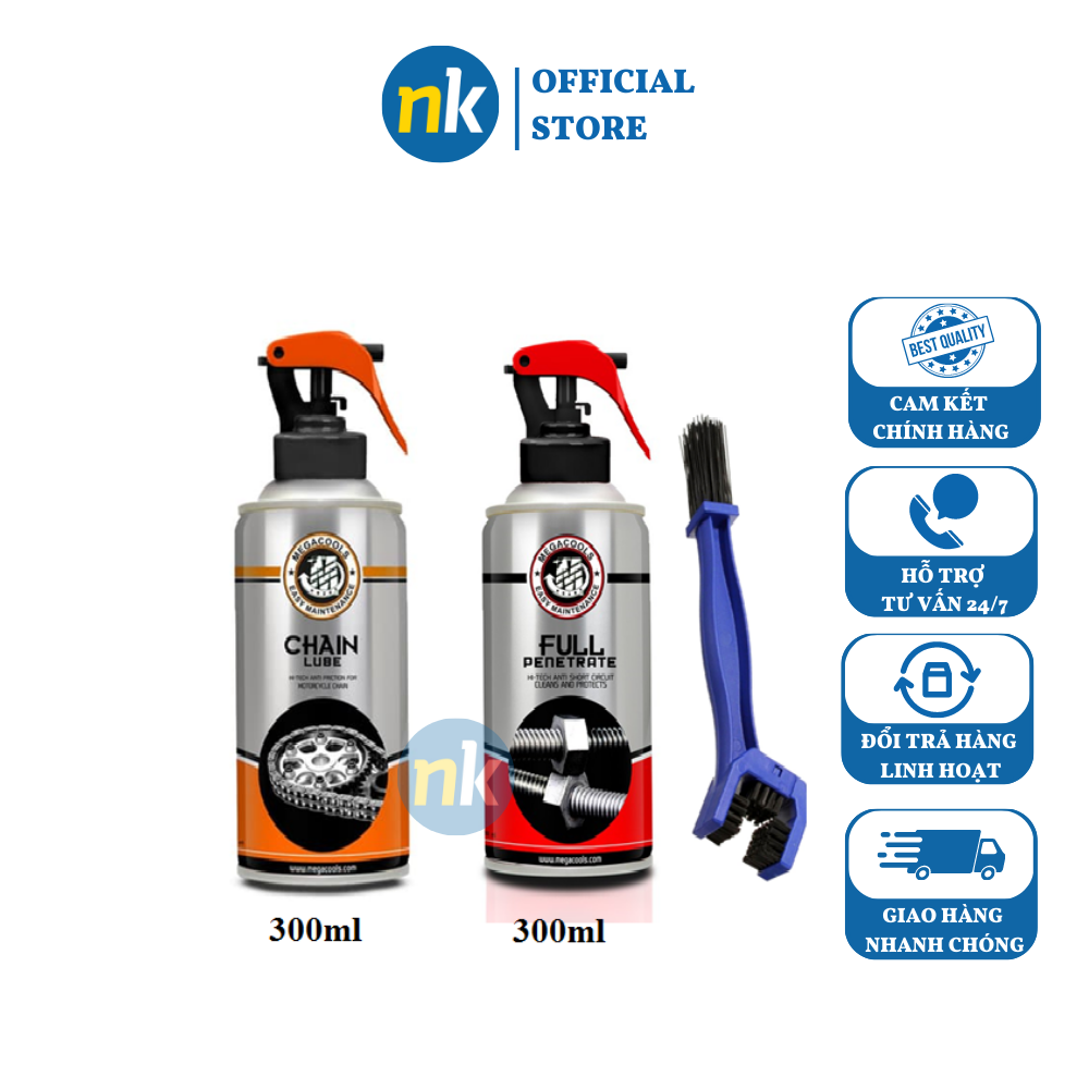 Combo chai bảo dưỡng sên Megacools Chain Lube 300ml và xịt vệ sinh sên Megacools tặng bàn chải 3D - chuyên dùng cho xe sên xích trần sên sích phốt cao su xe Exciter Winner Sirius mô tô PKL