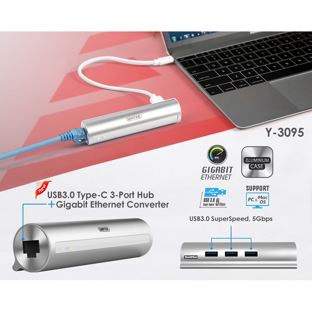 Hub/ bộ chia usb 3.0 3 ports + lan unitek + type-c
