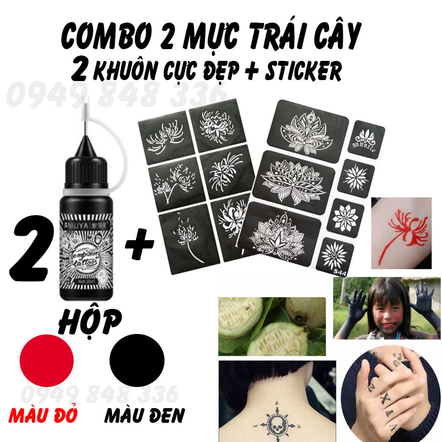 Combo 2 Mực Xăm Tạm Thời  Đen - Đỏ Tặng 100 Hình  2 Khuôn  + Sticker