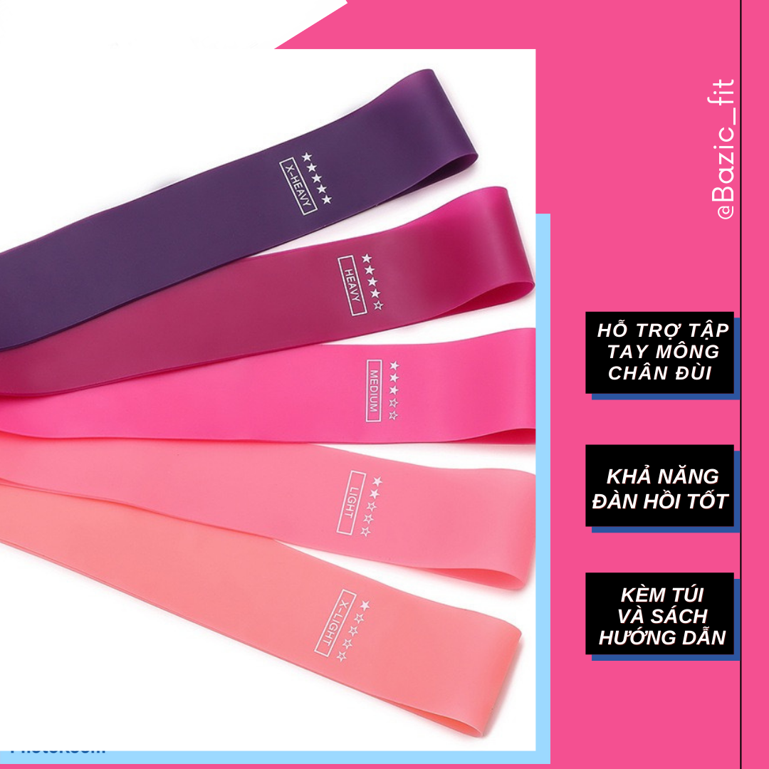 [Bazic_fit] Bộ 5 dây kháng lực. Dây kháng lực, dây miniband kháng lực tập Gym, Yoga, Tay, Chân, Mông, Đùi.