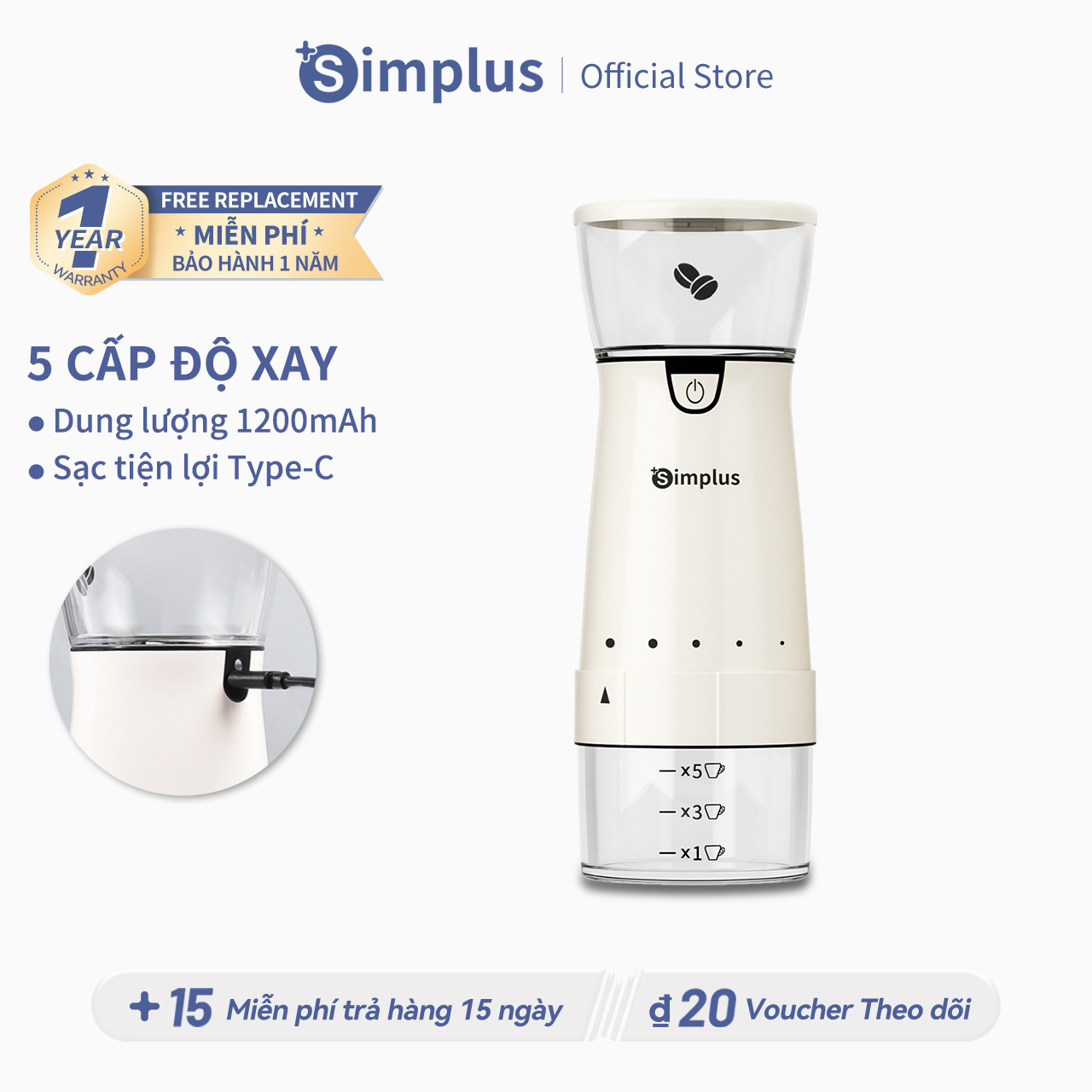 Simplus Máy xay hạt cà phê MDJH001 Máy xay cà phê tự động dạng nhỏ