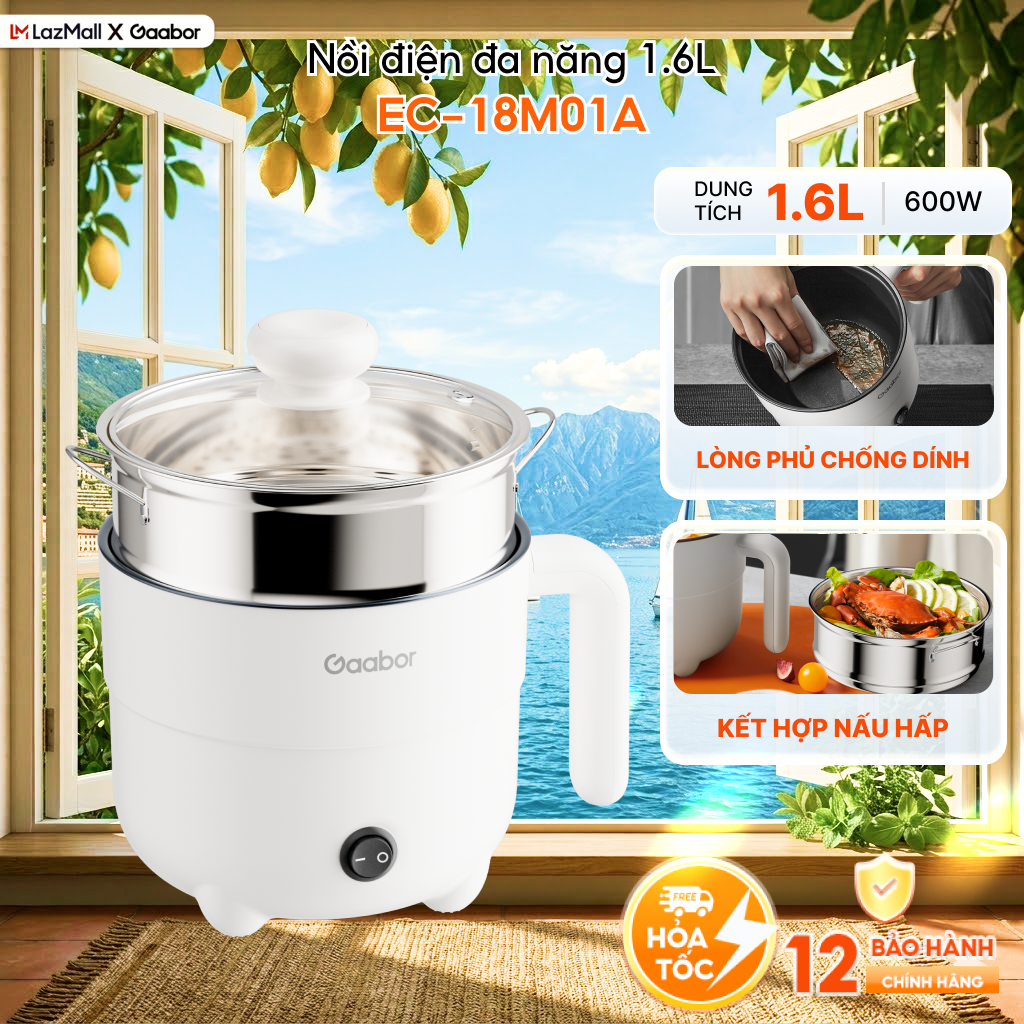 Nồi điện đa năng Gaabor EC-18M01A lẩu điện 1.6L chống dính công suất 600W ăn mì nấu lẩu kèm xửng hấp inox - Bảo hành 12 tháng 1 đổi 1