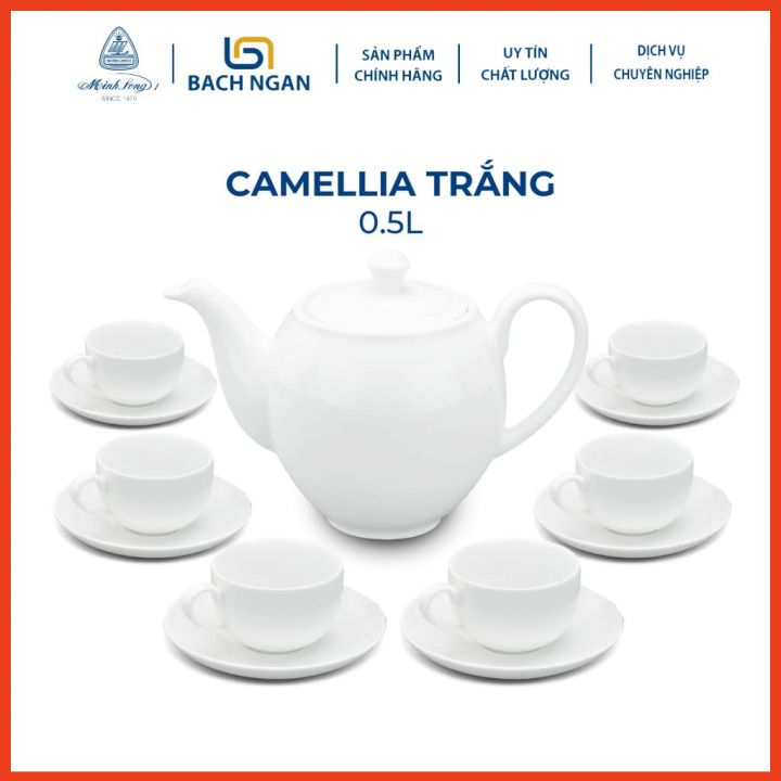 Bộ Ấm Trà Gốm Sứ Cao Cấp Minh Long 0.5 L - Camellia - Trắng hàng đẹp, sang trọng đãi khách, quà tặng - 6 tách
