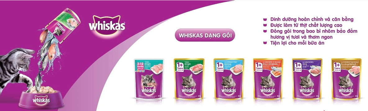 Thức ăn dinh dưỡng cho mèo pate vị cá biển cá ngừ cá thu cá hồi gà whiskas gói 85g