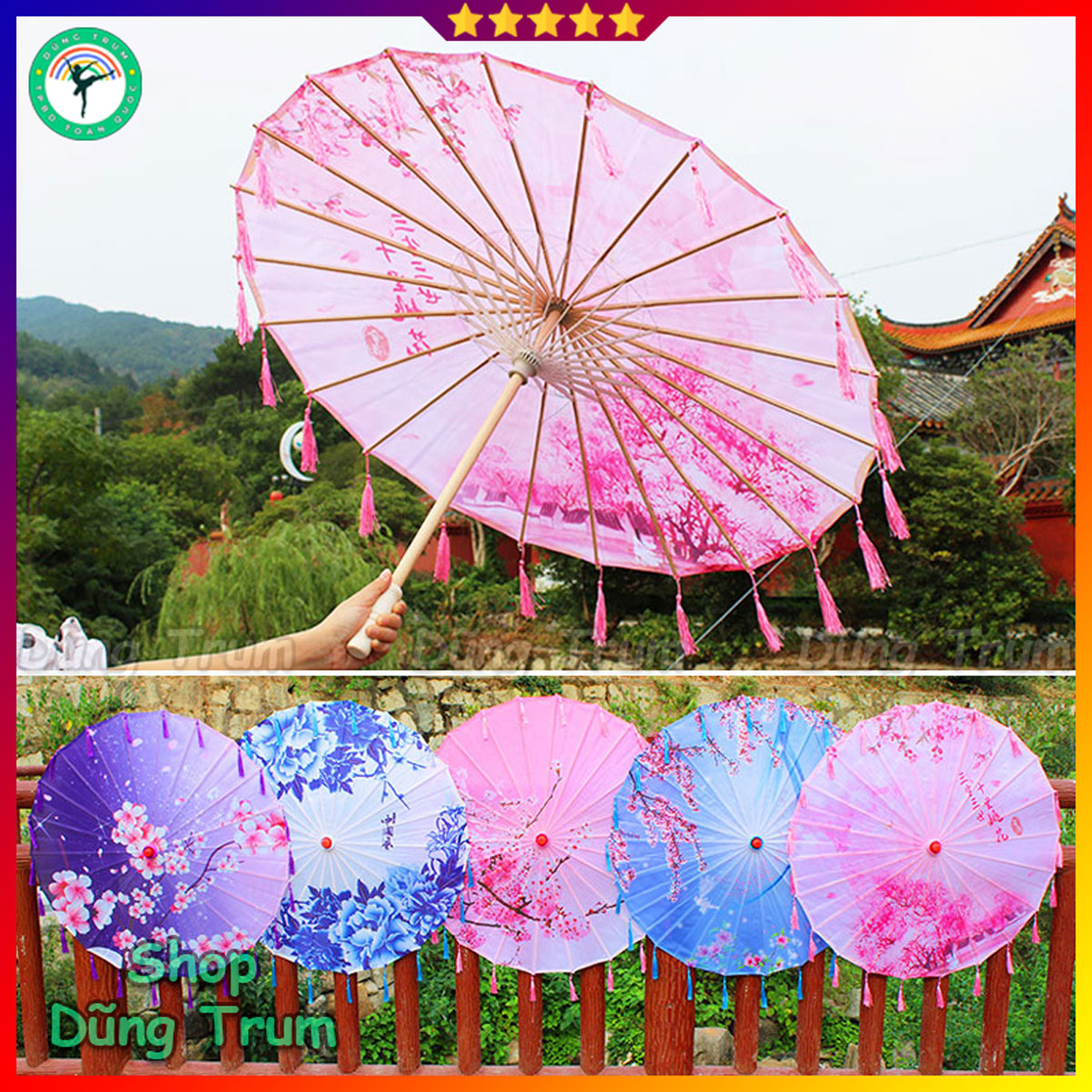 Ô Cổ Trang gắn tua rua chất liệu vải lụa đẹp, dù cổ trang biểu diễn trang trí