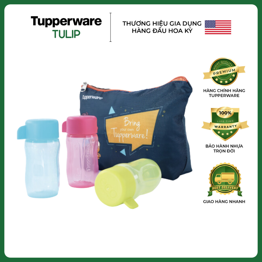 Bộ 3 bình nước eco bottle tupperware - tặng kèm túi đựng chính hãng