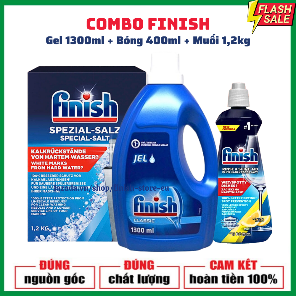 Combo nước rửa bát finish 1300ml+Bóng finish 400ml+Muối finish 1,2kg dùng cho các loại máy rửa bát máy rửa chén