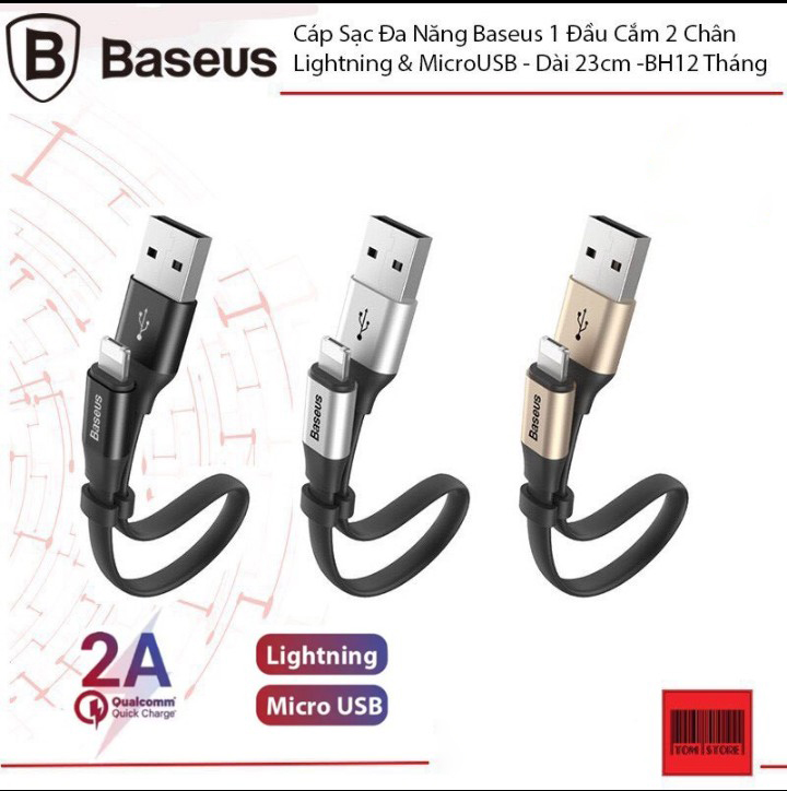 Cáp sạc nhanh baseus 2in1 1 đầu cắm 2 chân lightning và microusb dài 23cm