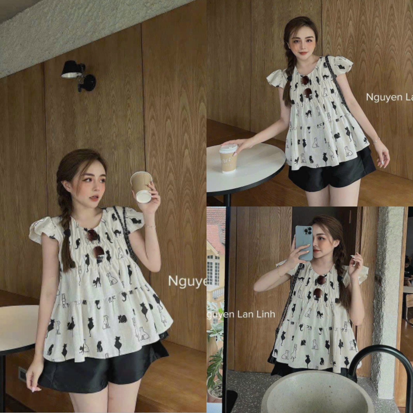 Sét áo lụa ý bèo nhún thun họa tiết kèm quần đùi cotton lạnh siêu dễ thương