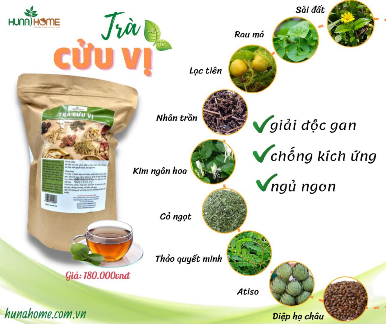 Trà cửu vị /trà bát vị hunahome -túi lọc- mát gan, hạ men gan, tiêu độc, giải độc, chống kích ứng, an thần