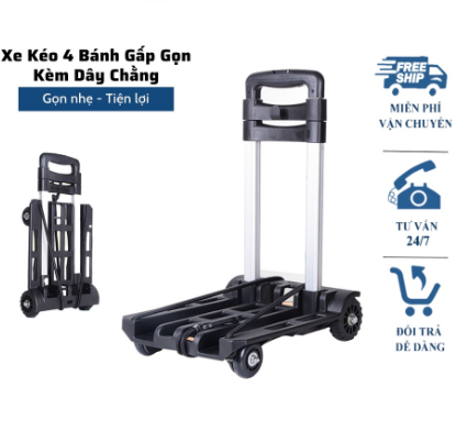 [THẾ HỆ MỚI] Xe kéo đẩy hàng đa năng gấp gọn tiện dụng T50 tải trọng 40kg + Kèm dây chằng + Bánh to