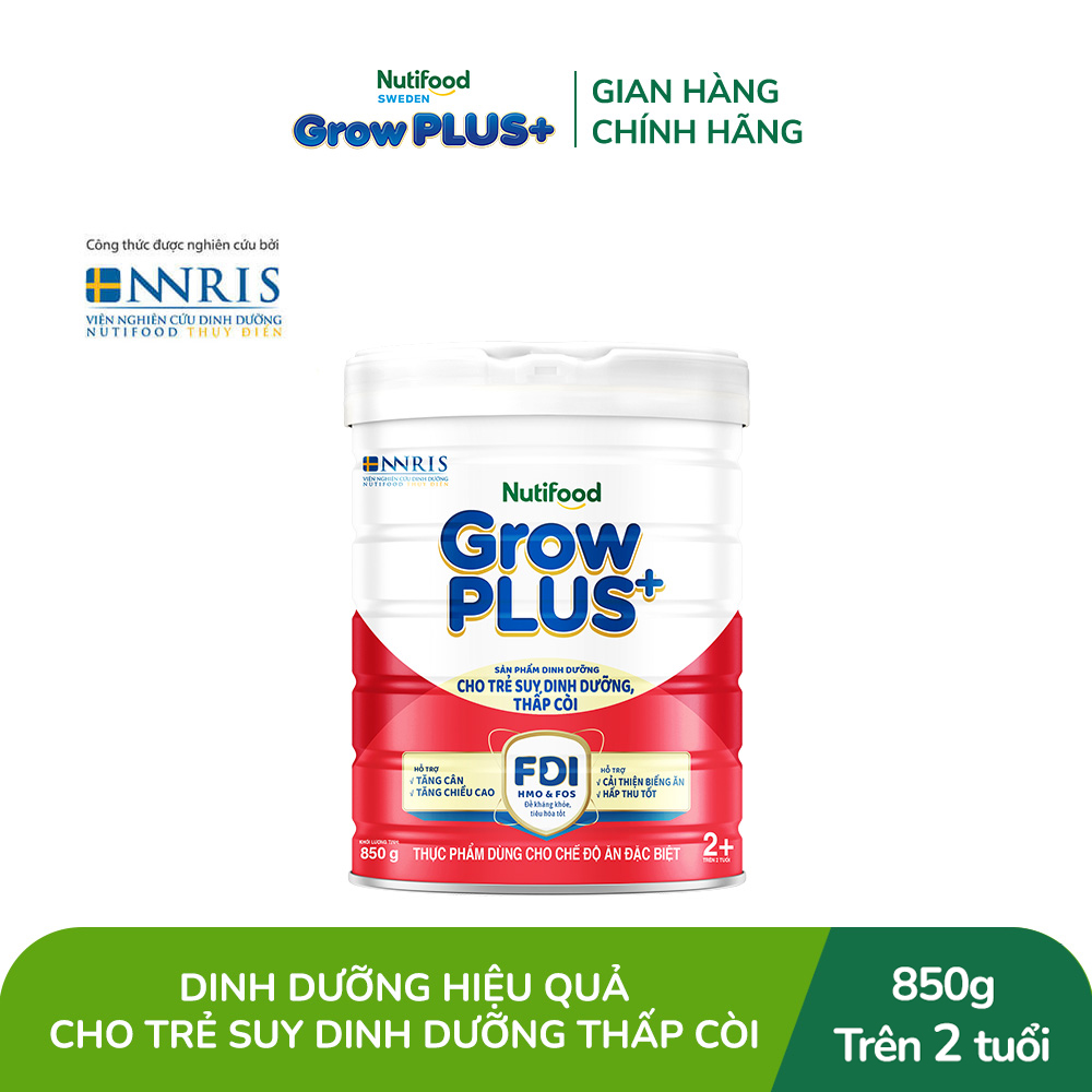 Sữa bột Nutifood GrowPLUS+ Suy Dinh Dưỡng (Đỏ) 2+ - Tăng Cân, Tăng Chiều Cao (Lon 850G)