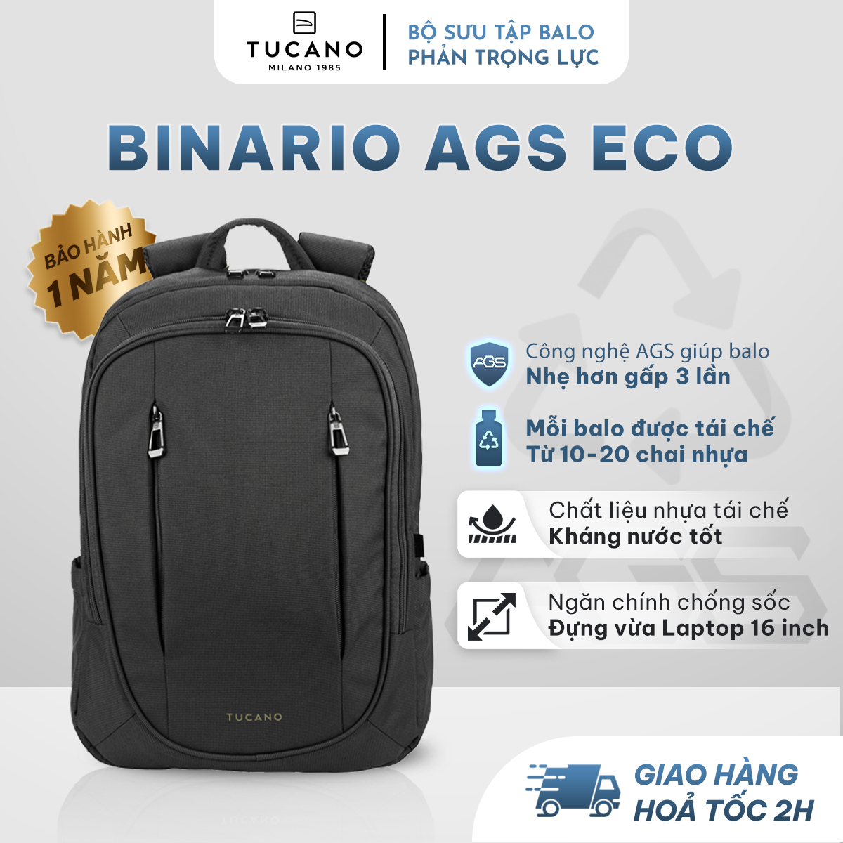 Balo phản trọng lực Tucano Binario AGS Eco, bảo vệ cột sống, chống thấm nước 15.6 inch